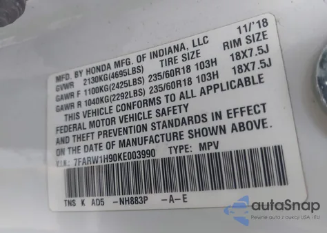 2019 Honda Cr-V Touring z USA, uszkodzony, nr VIN 7FARW1H90KE003990